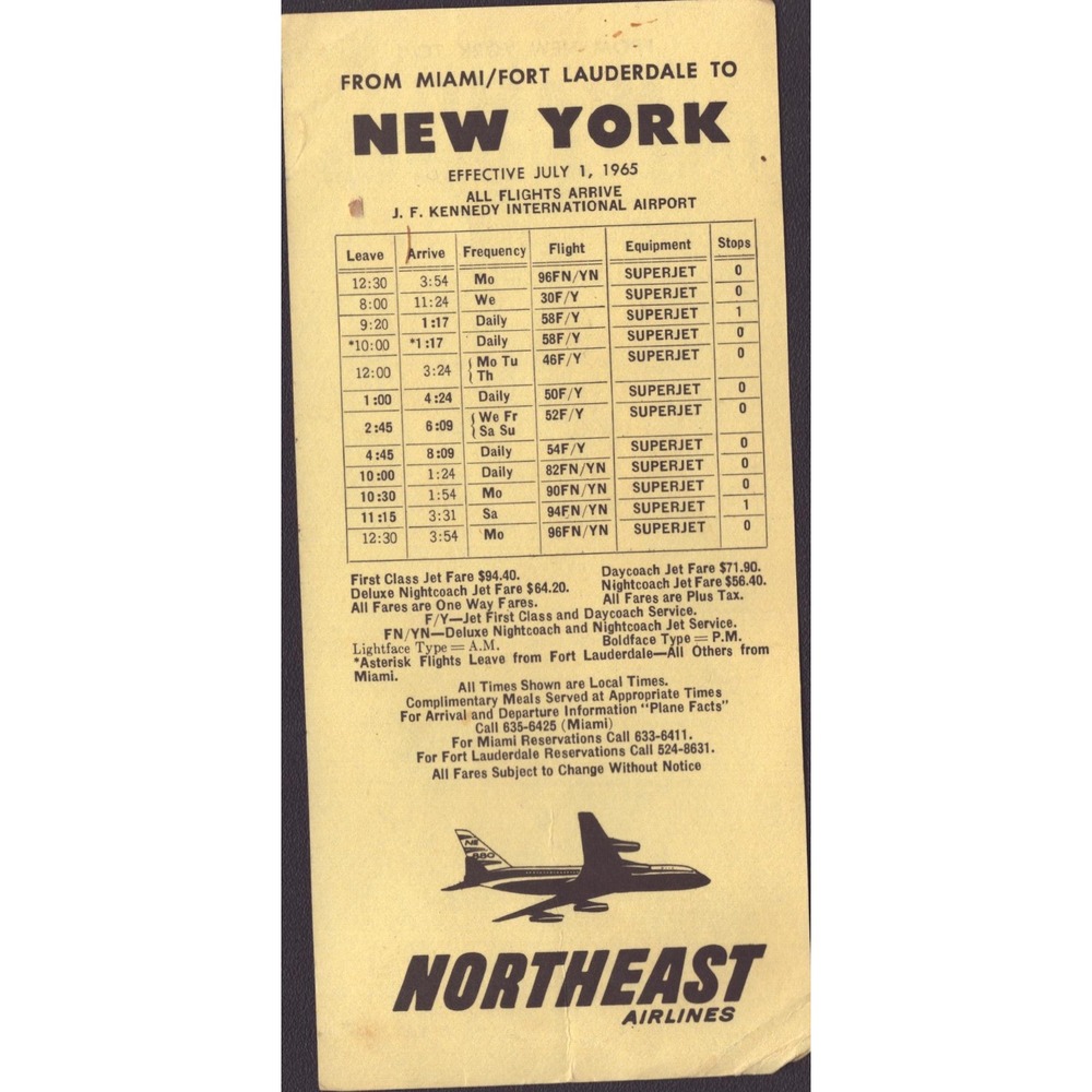 Vintage 1965 Northeast Airlines Flight Schedule New York Miami Superjet Card